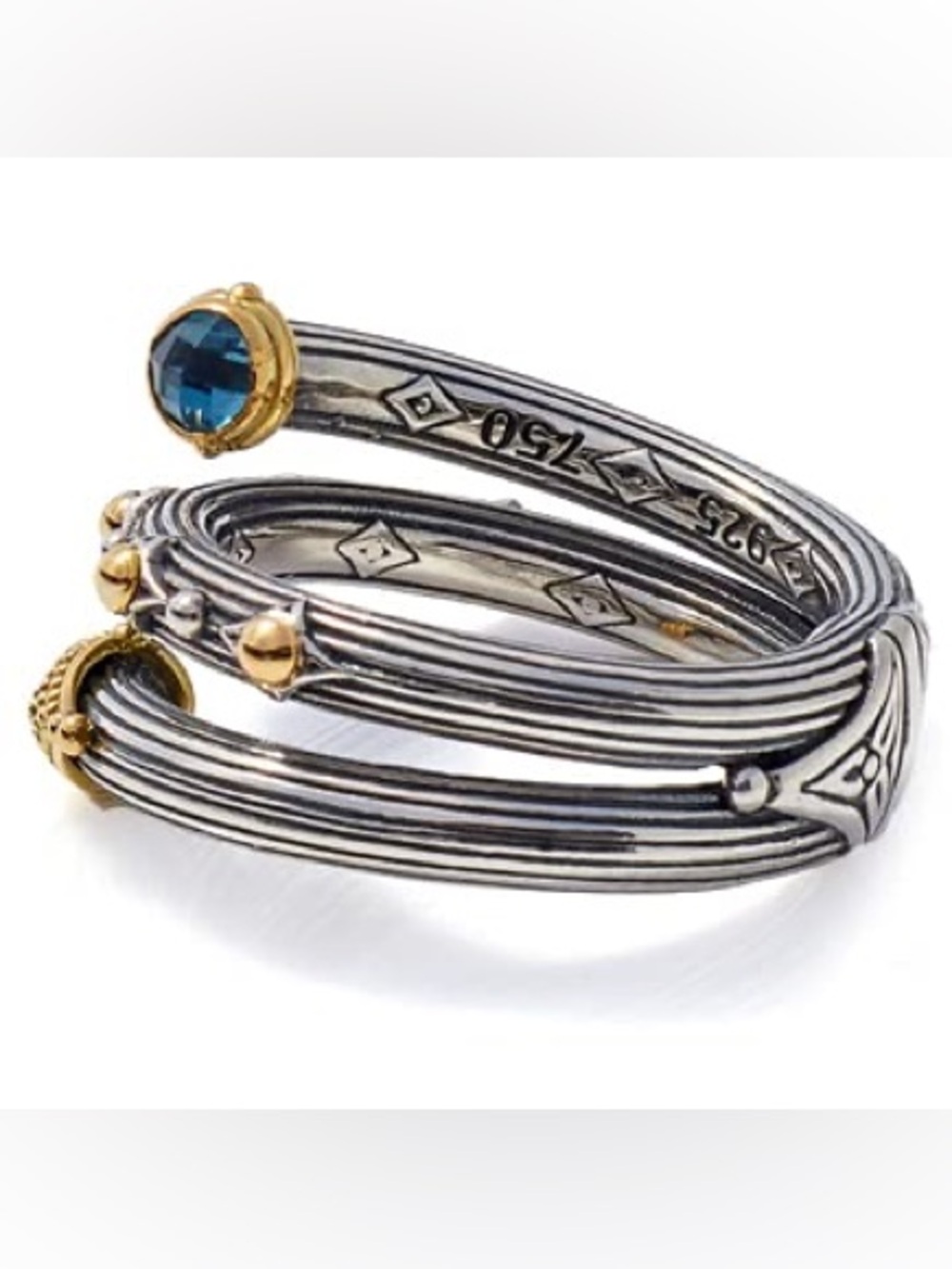 Konstantino Two-Tone Silver and Gold Wrap Ring with Blue Accent Stones - Picture 4 of 8